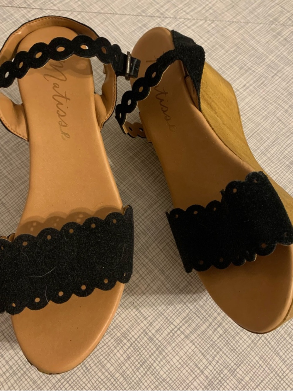 Matisse Black Scalloped Suede Wedge Sandals with Wood-Look Heel